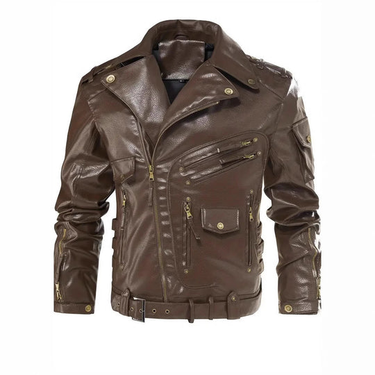 Herren Stylische Bikerjacke mit Mehreren Reißverschlusstaschen und Gürteldetail