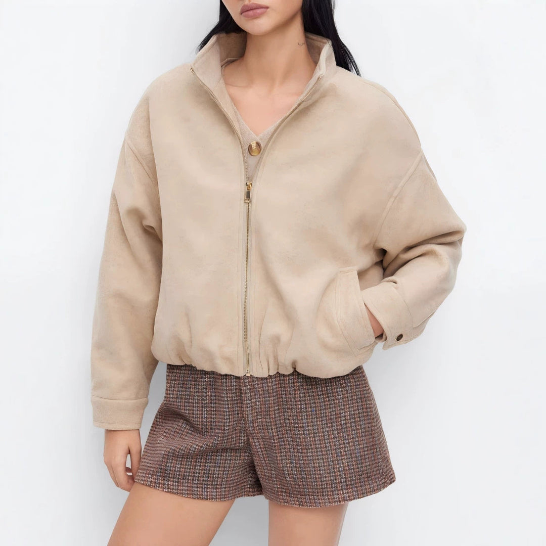 Damen Kurz geschnittene Wildleder‑Optik Bomberjacke mit Stehkragen und elastischem Saum Shop Nory