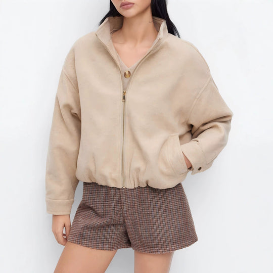 Damen Kurz geschnittene Wildleder‑Optik Bomberjacke mit Stehkragen und elastischem Saum Shop Nory
