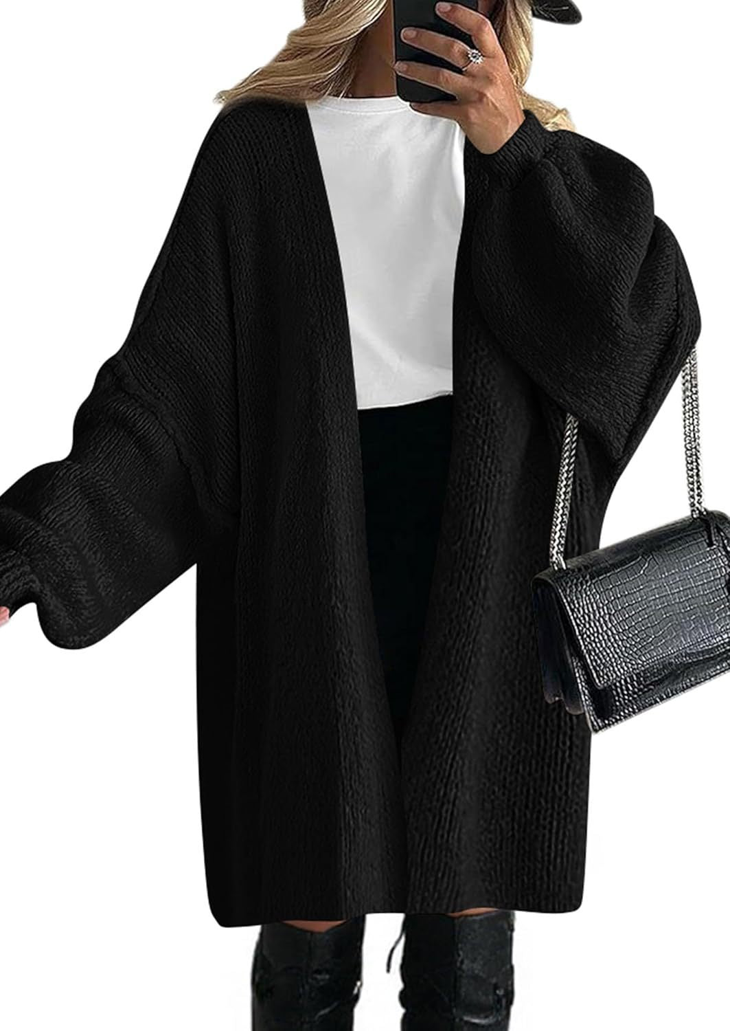 Damen Oversize Strickcardigan mit weiten Ballonärmeln und offener Front Shop Nory