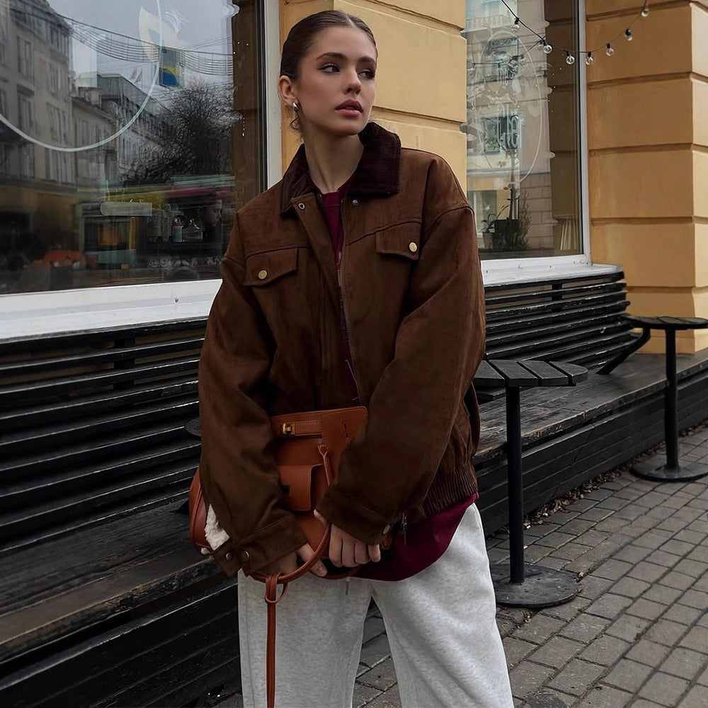 Damen Boxy-Suede-Blousonjacke mit Cordkragen und Teddyfutter Shop Nory