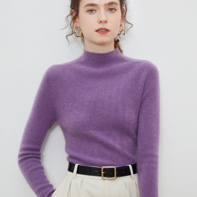 Damen Leichter taillierter Mockneck-Pullover in kaschmirähnlicher Mohair-Optik mit feiner Rippenstruktur Shop Nory