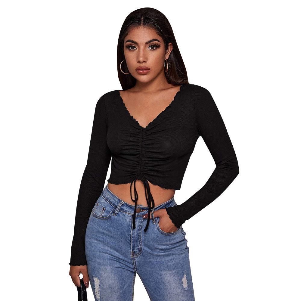 Damen geripptes Cropped-Longsleeve mit Tunnelzugvorderseite, Bindekordeln und gewelltem Saum Shop Nory