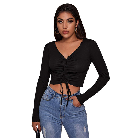 Damen geripptes Cropped-Longsleeve mit Tunnelzugvorderseite, Bindekordeln und gewelltem Saum Shop Nory