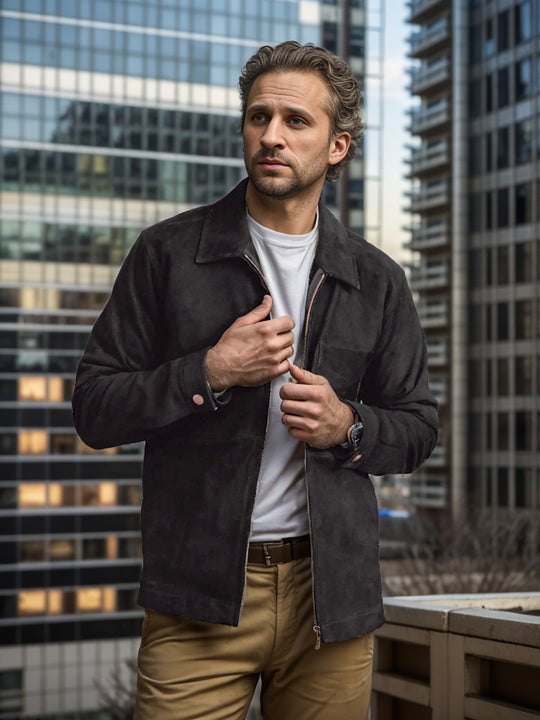 Herren Velourslederjacke mit Stehkragen und Brusttasche Shop Nory