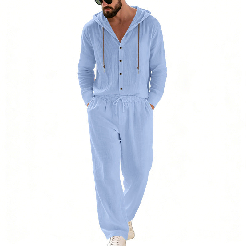 Herren nan legeres Kapuzen-Lounge-Set mit Knopfleiste, Kordelbundhose und seitlichen Eingrifftaschen Shop Nory