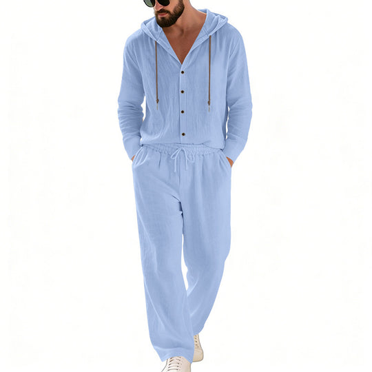 Herren nan legeres Kapuzen-Lounge-Set mit Knopfleiste, Kordelbundhose und seitlichen Eingrifftaschen Shop Nory