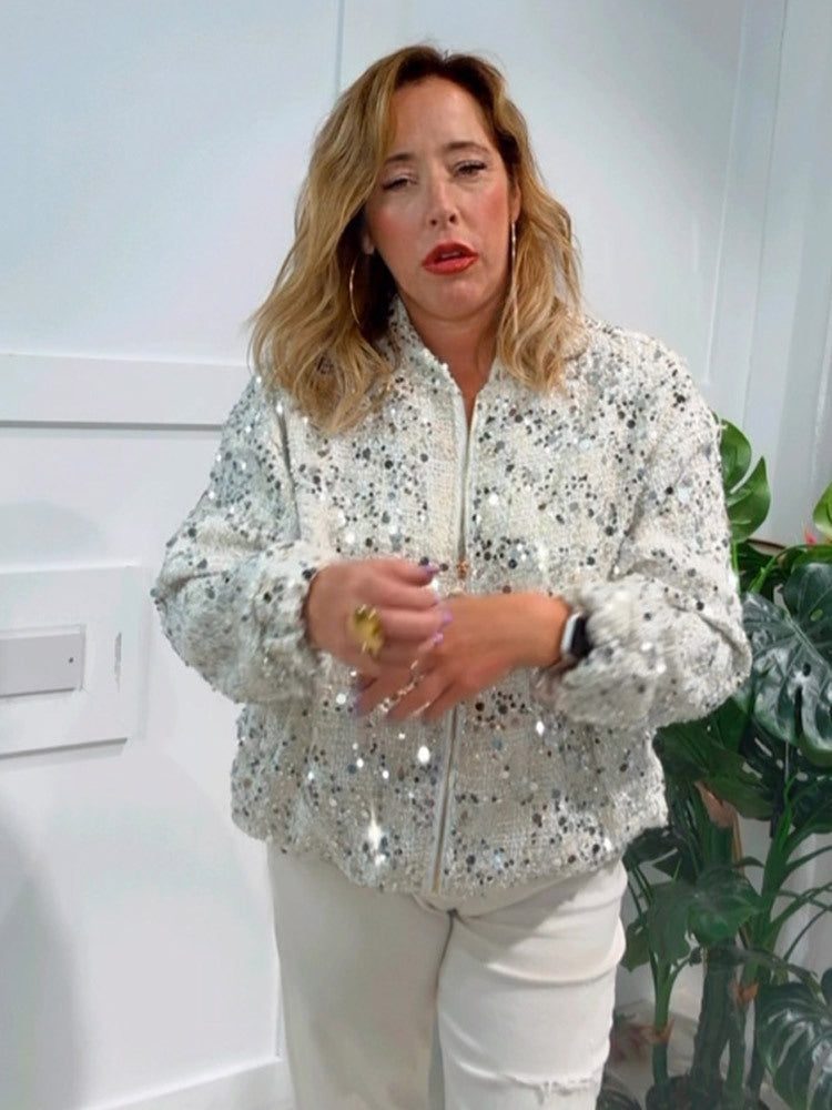 Damen Pailletten-Bomberjacke mit Reißverschluss, lockerer Boxy-Silhouette und dekorativen Glitzerapplikationen Shop Nory