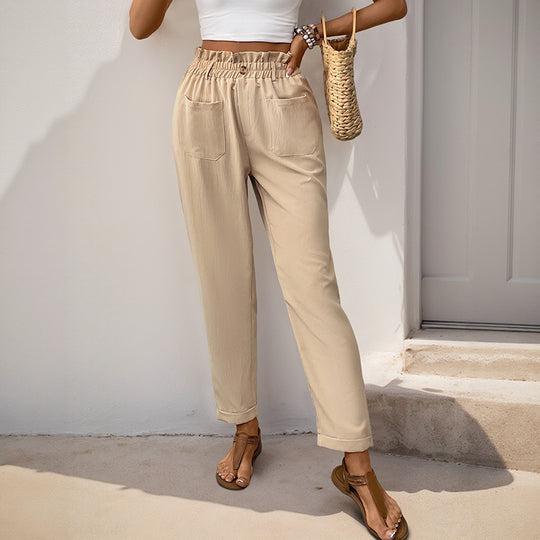 Damen Hochtaillierte Paperbag-Hose mit elastischem Bund, aufgesetzten Taschen & konischem Bein Shop Nory