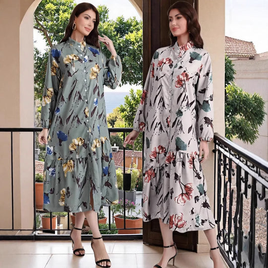 Damen Hemdblusenkleid mit Aquarell-Blumenprint, Stehkragen & Stufenrock Shop Nory