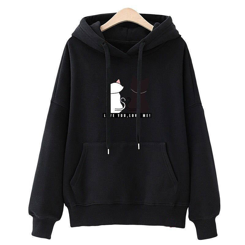 Damen Kapuzenpullover mit Katzen-Print, lockerem Schnitt und Kängurutasche Shop Nory