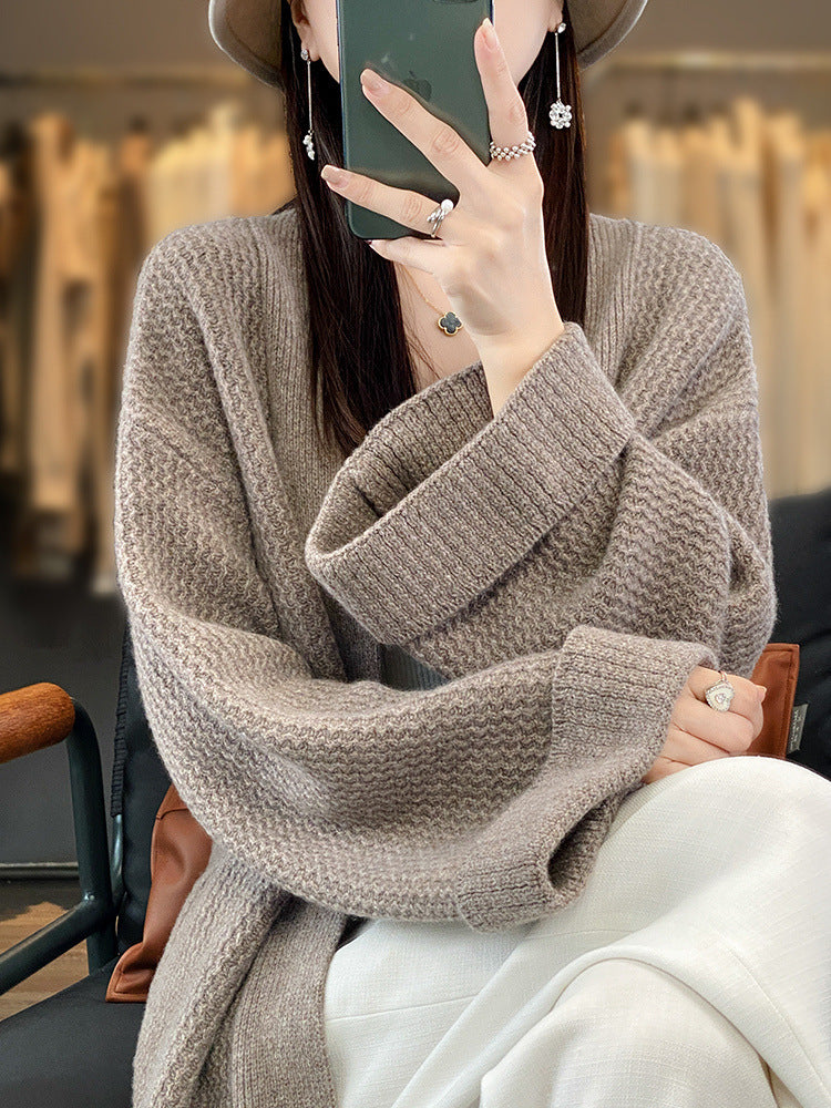 Damen Langer Oversize-Strickcardigan mit Strukturmuster und aufgesetzten Taschen Shop Nory
