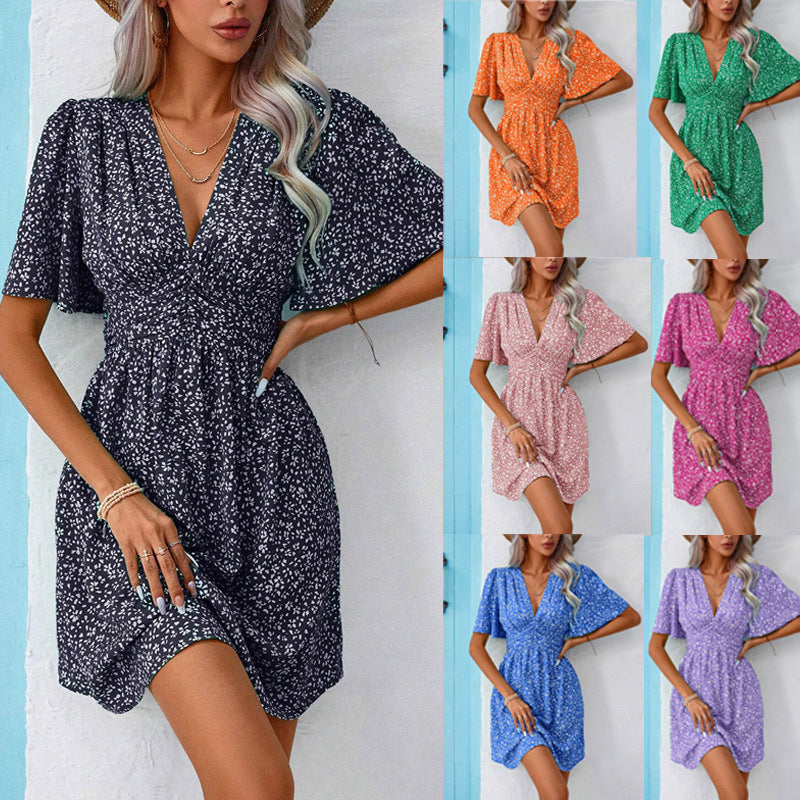 Damen Sommerkleid mit V-Ausschnitt, geraffter Brustpartie und Flügelärmeln Shop Nory