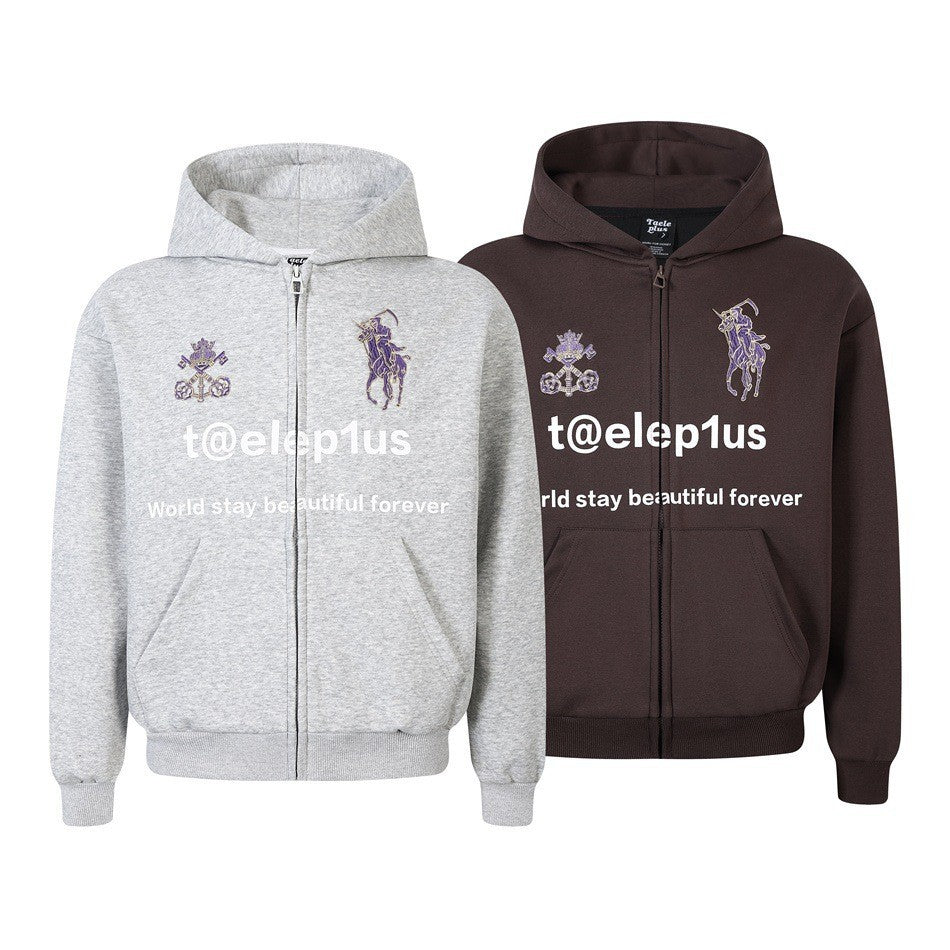 Unisex Kapuzen‑Zipjacke mit gestickten Wappen und Frontprint Shop Nory