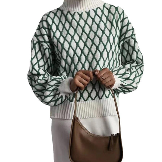 Damen Oversize Strickpullover mit Rautenmuster und Stehkragen Shop Nory