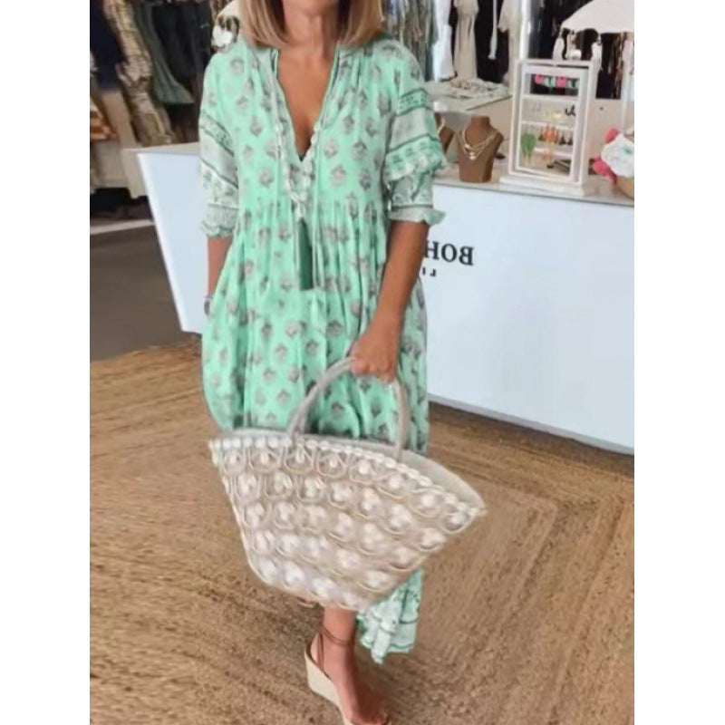 Damen Boho-Stil Kleid mit geflochtener Schnürung und handgefertigten Details