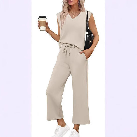 Damen Lässiges Zweiteiliges Lounge-Set mit Ärmellosem V-Neck-Top und Weiten Kordelbund-Hosen Shop Nory