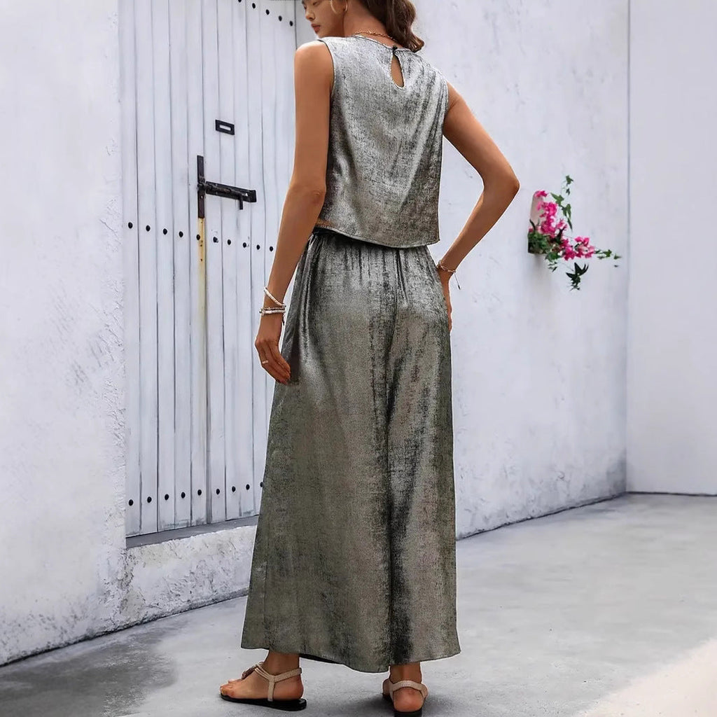 Damen Glänzendes Set aus ärmellosem Oberteil und weitem Hosen Shopnory