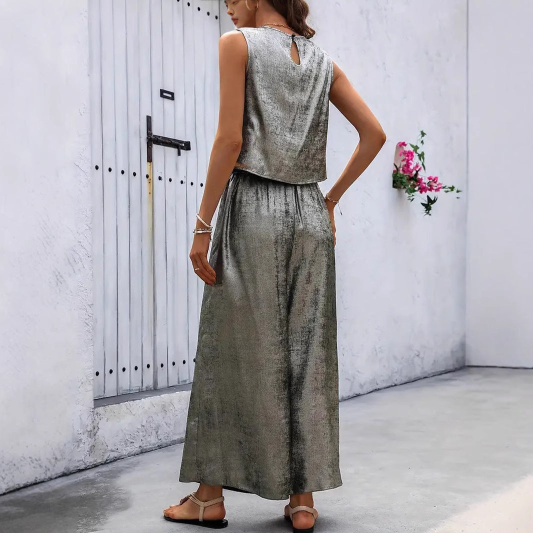 Damen Glänzendes Set aus ärmellosem Oberteil und weitem Hosen Shopnory