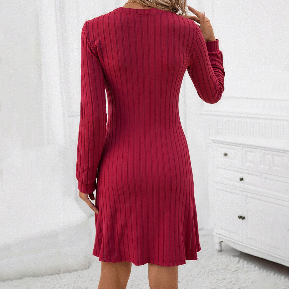Damen geripptes Strickmidikleid mit V-Ausschnitt figurbetonter Taillenform und Ballonärmeln Shop Nory