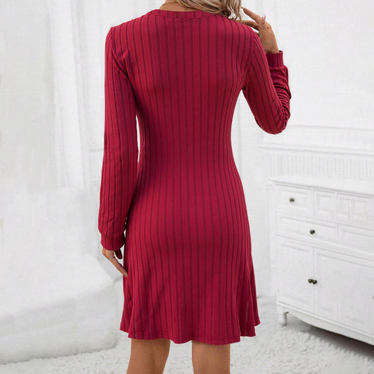 Damen geripptes Strickmidikleid mit V-Ausschnitt figurbetonter Taillenform und Ballonärmeln Shop Nory