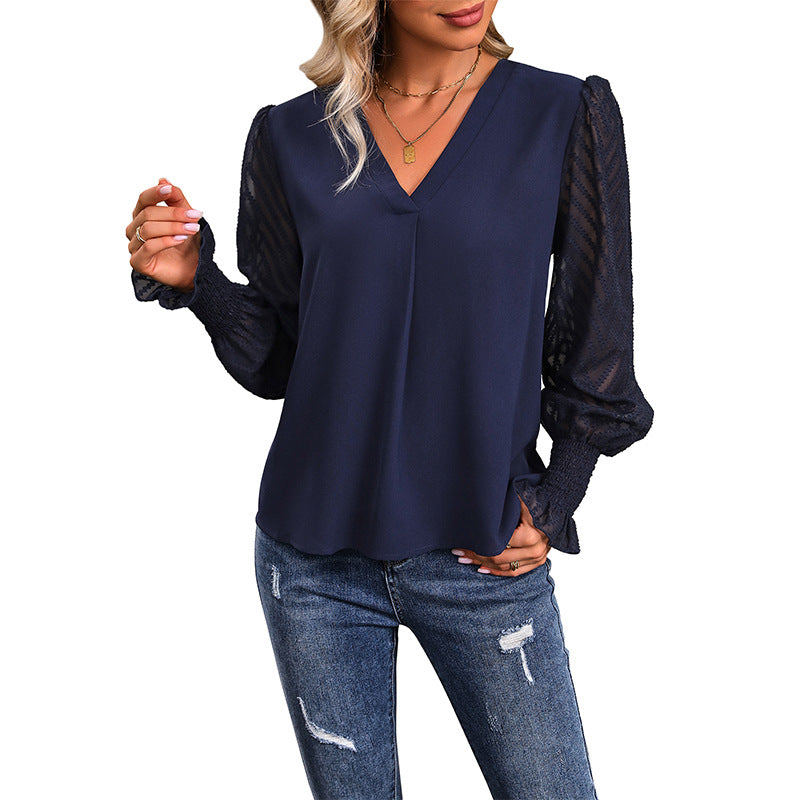 Damen Lockeres V-Ausschnitt-Chiffonblusenshirt mit transparenten Ballonärmeln und Smokbündchen Shop Nory