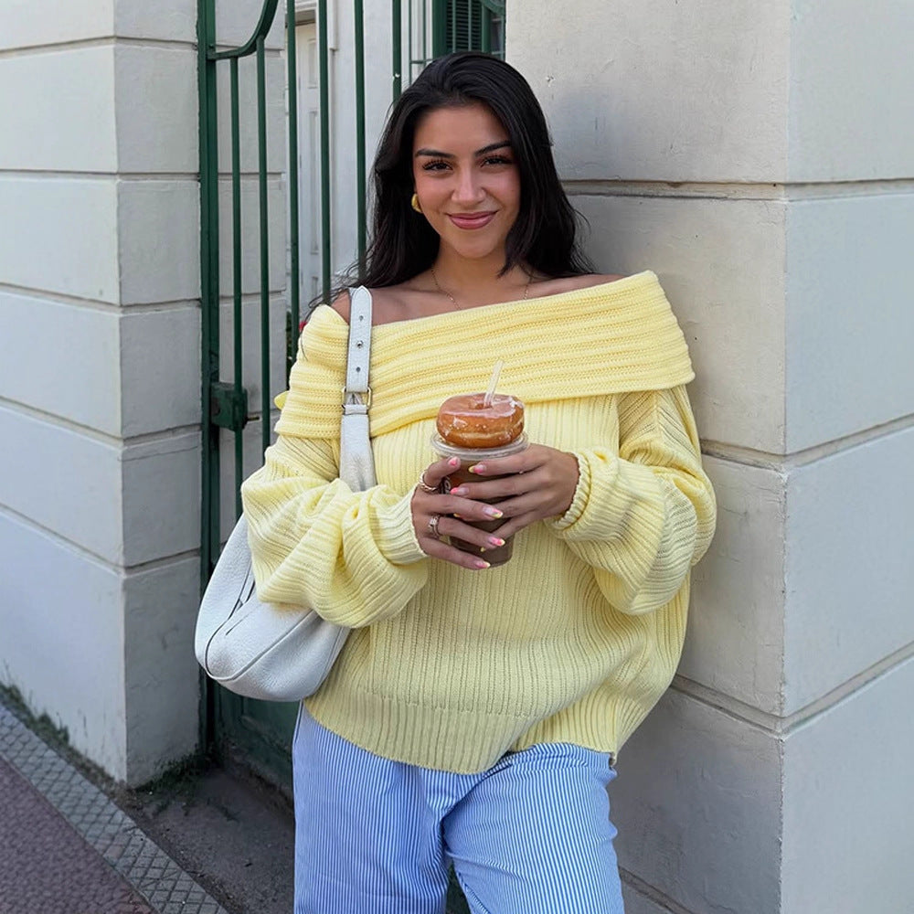 Damen Off-Shoulder Rippstrickpullover mit weitem Umschlagkragen Shop Nory