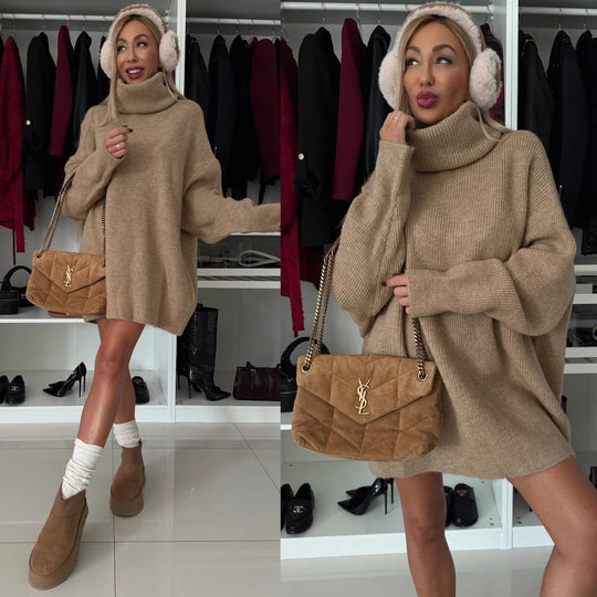 Damen oversized Rollkragen-Strickkleid mit weitem Schnitt, überschnittener Schulter und extraweichen Rippbündchen Shop Nory