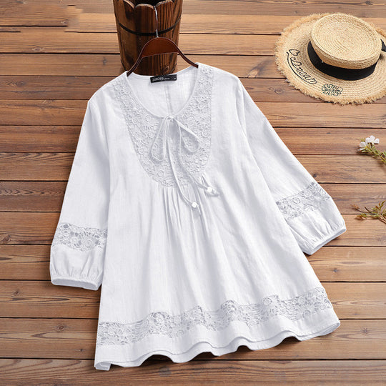 Damen Lässige Tunika-Bluse mit Häkelspitze, Bindekragen und dreiviertel Ärmeln Shop Nory