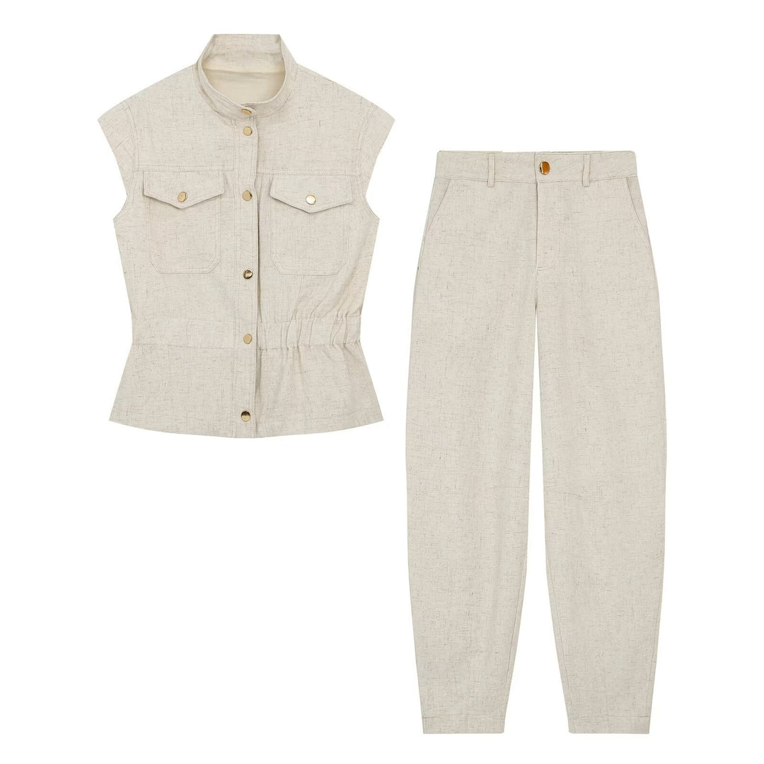 Damen Hochtaillierte Leinenblend-Hose mit konischer Passform und Ziernähten Shop Nory