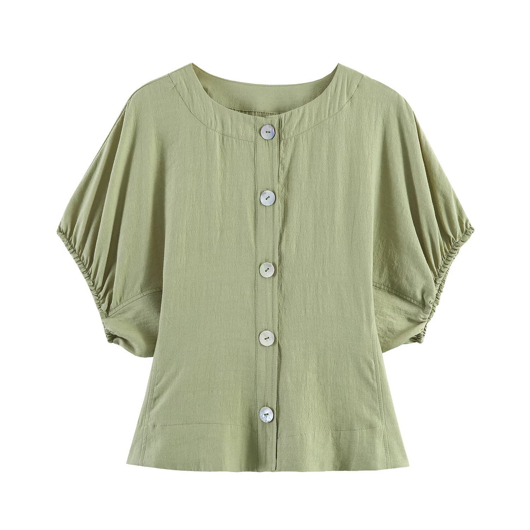 Damen Leichte Leinenoptik‑Bluse mit Knopfleiste und gerafften Fledermausärmeln Shop Nory