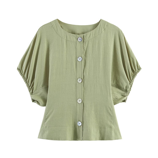 Damen Leichte Leinenoptik‑Bluse mit Knopfleiste und gerafften Fledermausärmeln Shop Nory