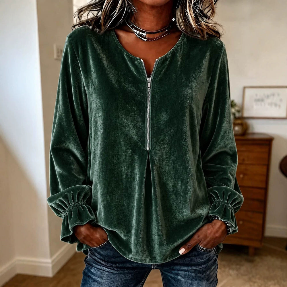 Damen Samt-Bluse mit halbem Reißverschluss, Rüschenbündchen und A-Linien-Schnitt Shop Nory