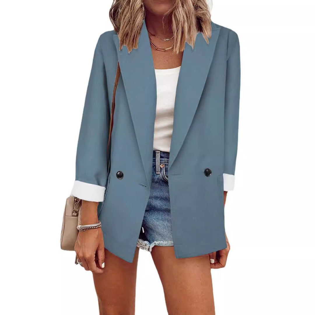 Damen Oversize Longline-Blazer mit 3/4-Ärmeln, Kontrastumschlag und aufgesetzten Taschen Shop Nory