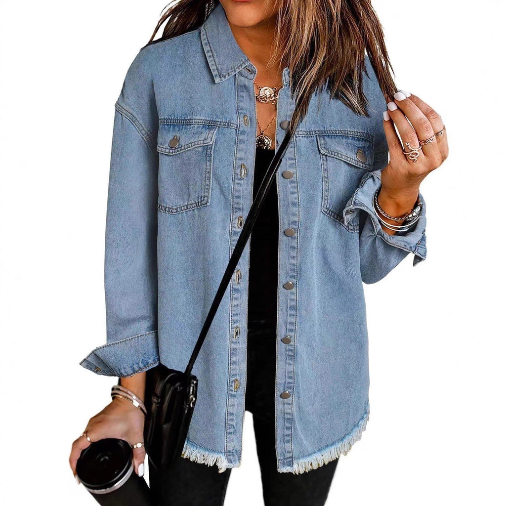 Damen Denim Overshirt mit fransigem Saum und Brusttaschen ShopNory
