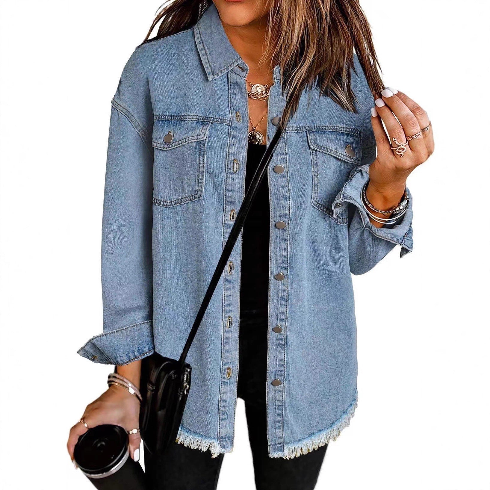 Damen Denim Overshirt mit fransigem Saum und Brusttaschen ShopNory