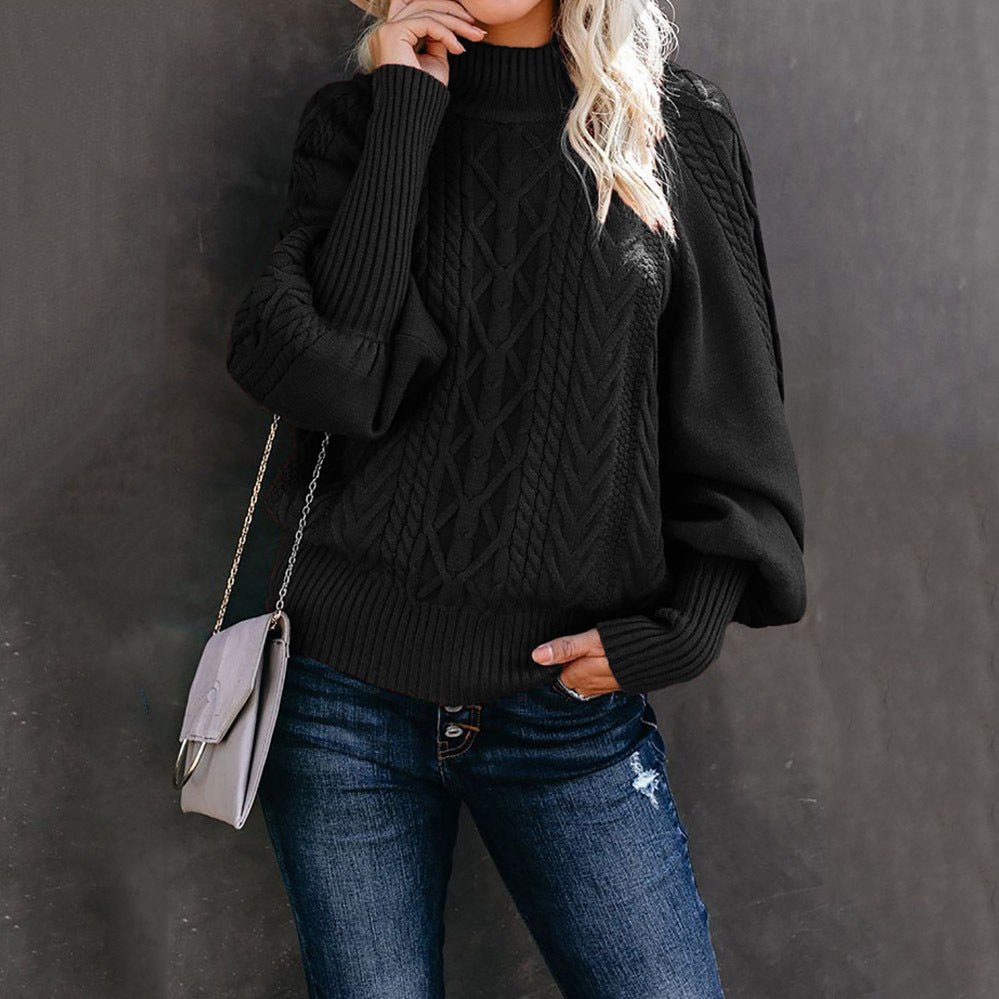 Damen Grobstrick-Pullover mit Zopfmuster, Stehkragen und Ballonärmeln Shop Nory