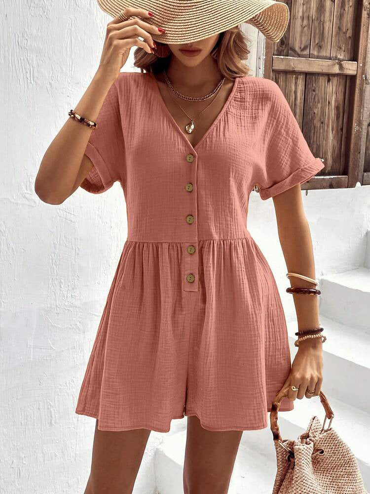 Damen Kurzoverall mit Knopfdetails und V-Ausschnitt Shopnory