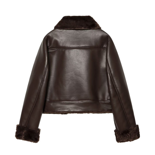 Damen Kurzjacke aus Lederoptik mit Teddy-Futter, aufgesetzten Taschen und Umlegekragen Shop Nory