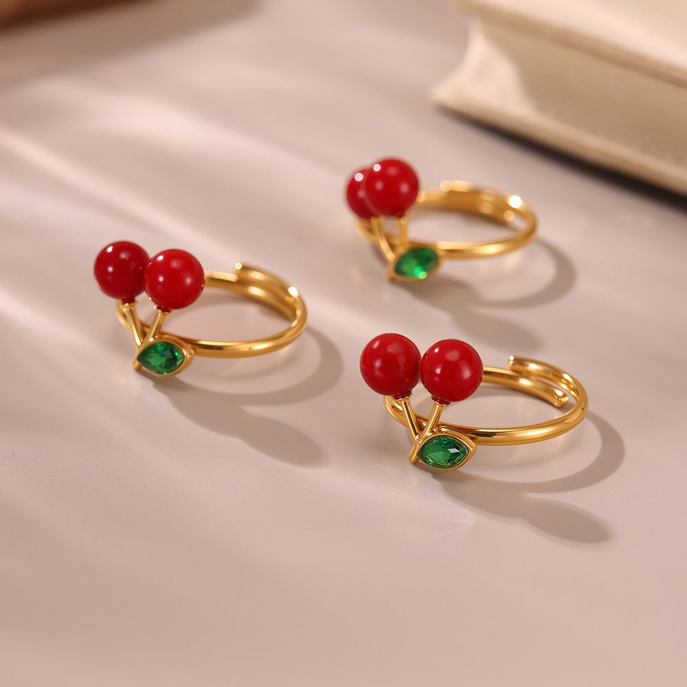 Damen Offener Ring mit Kirschmotiv aus hochwertigem Edelstahl und funkelnden Strasssteinen Shop Nory