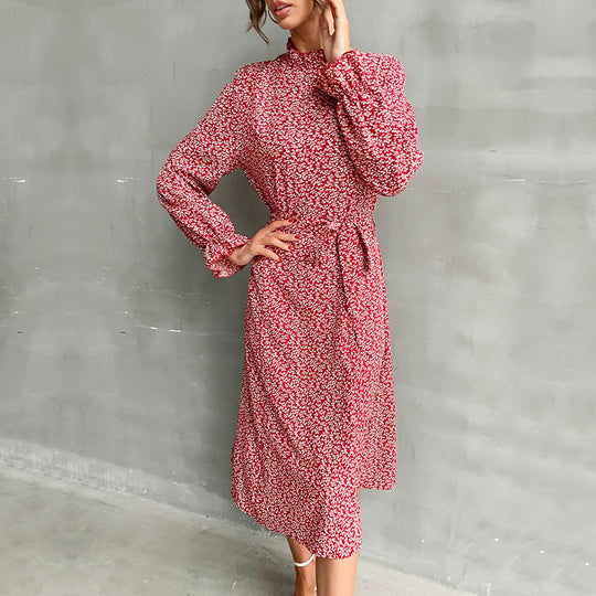 Damen Midikleid mit Stehkragen, Taillengürtel und Volantärmeln Shop Nory