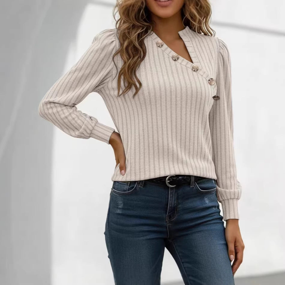 Damen Gerippter Feinstrickpullover mit asymmetrischer Knopfleiste Shop Nory