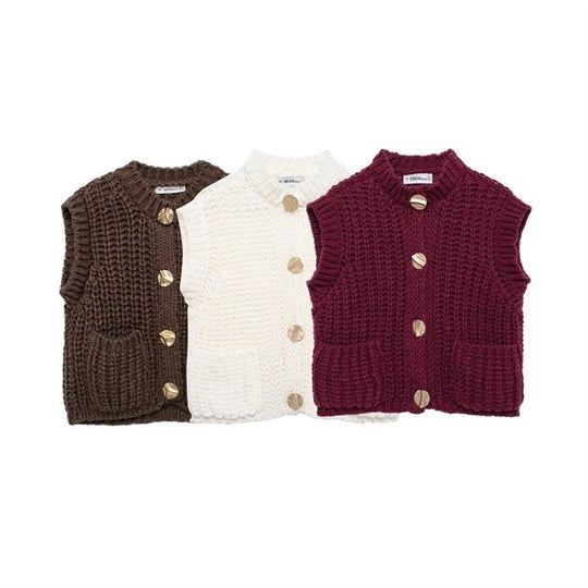 Damen grobgestrickte Woll-Boxy-Weste mit Zierknöpfen und Eingrifftaschen Shop Nory
