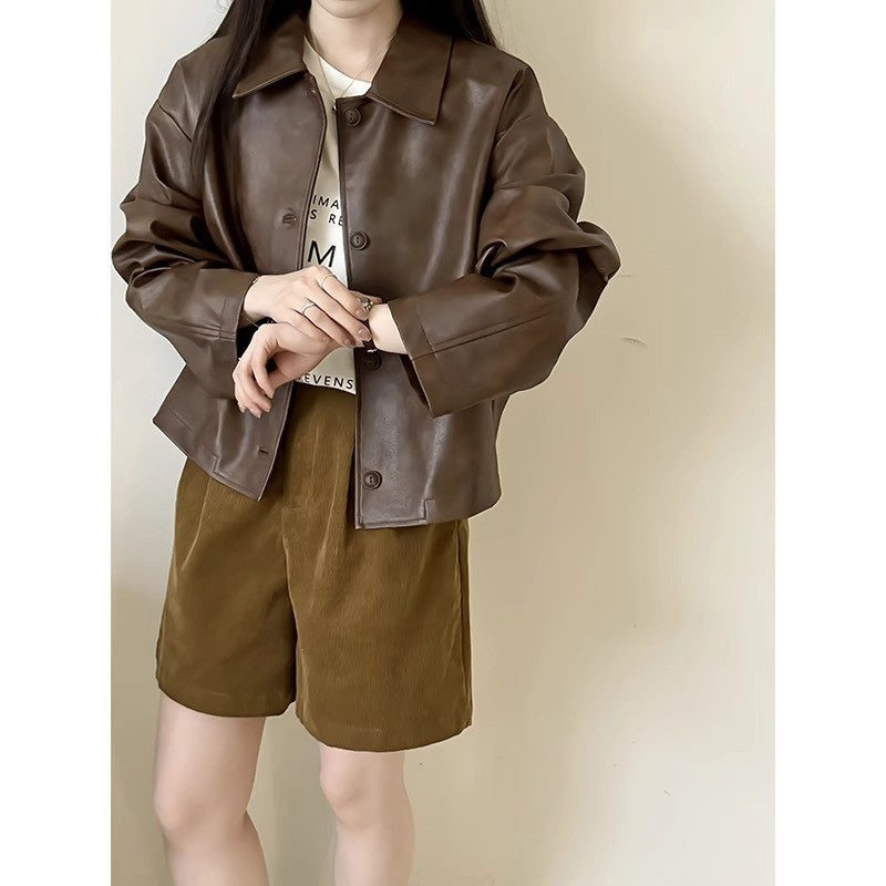 Damen Boxy‑Kunstleder‑Hemdjacke mit verdeckter Knopfleiste und überschnittenen Schultern Shop Nory