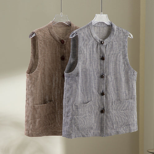 Damen Ärmellose Strickweste mit Stehkragen, Knopfleiste und aufgesetzten Taschen Shop Nory