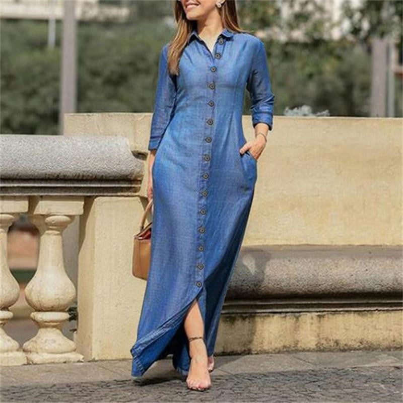 Damen Maxikleid Hemdblusenkleid mit Knopfleiste und Seitentaschen Shop Nory
