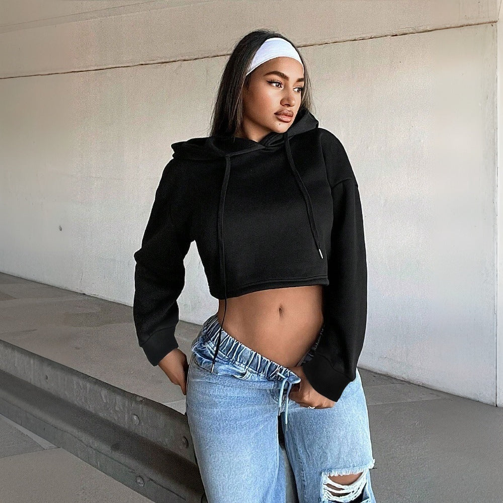 Damen kurzes Kapuzen-Sweatshirt Cropped-Hoodie mit Kordelzug gerippten Bündchen und lässiger Oversize-Passform Shop Nory