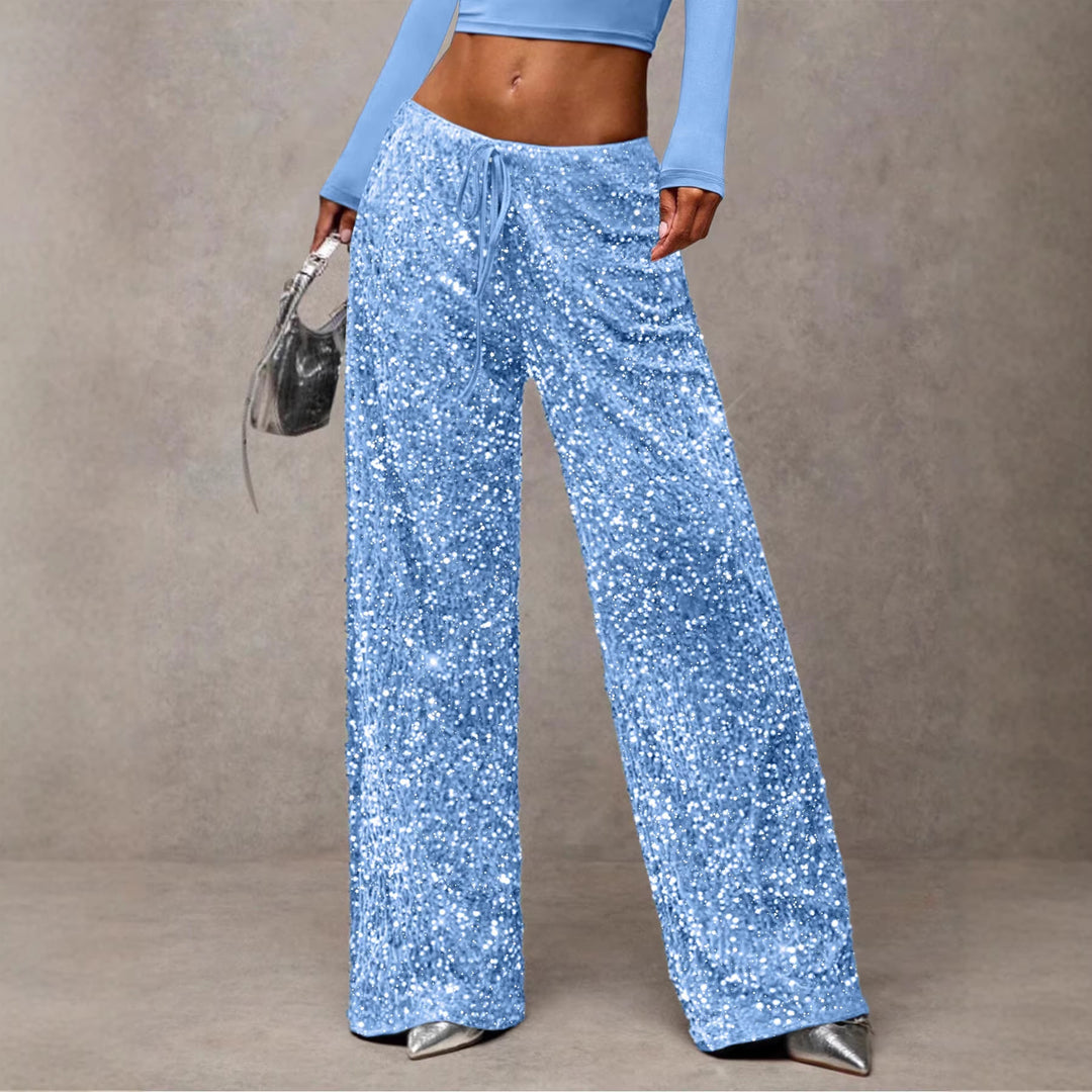 Damen Pailletten-Palazzohose mit hohem Bund und Kordelzug Shop Nory