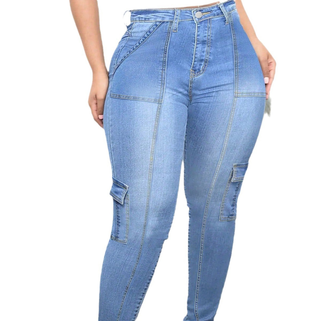 Damen Taillenhohe Cargo-Skinny-Jeans mit Ziernähten Shop Nory