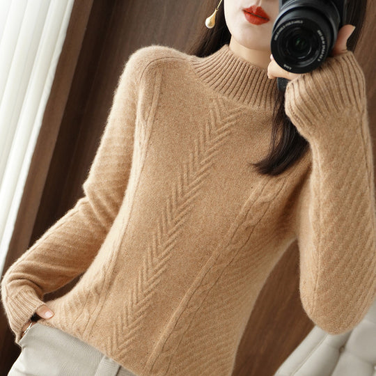 Damen Leichter Mohair‑Look Stehkragenpullover mit Zopf‑Ajour und taillierter Silhouette Shop Nory